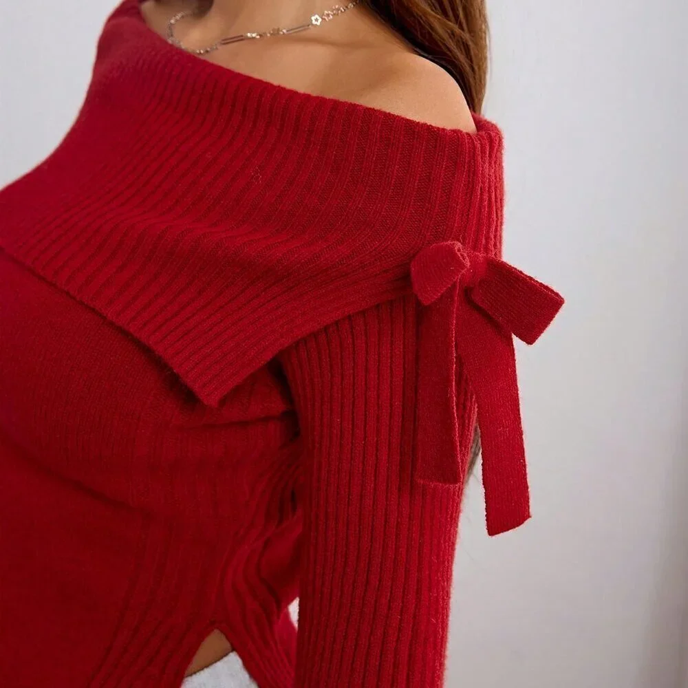 Burgundy Casual Women's Asymmetric Hem Off Shoulder Long Sleeve Sweater